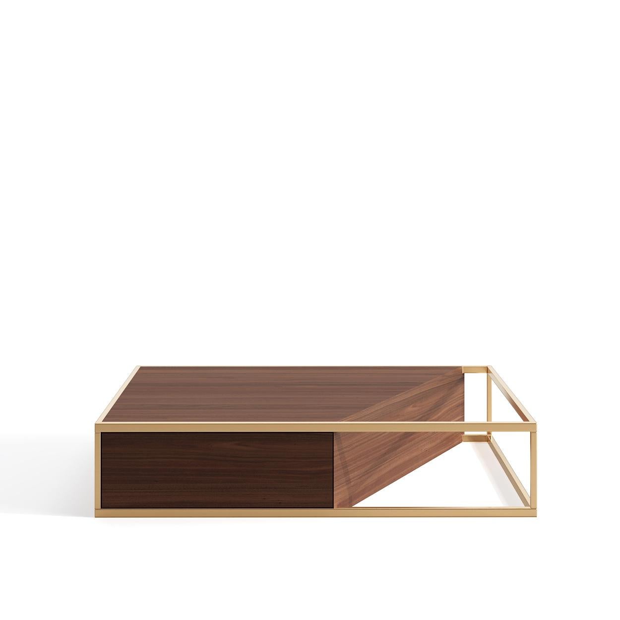 Contemporary Modern Minimalist Rectangular Center Coffee Table Walnut Wood and Brushed Brass For Sale