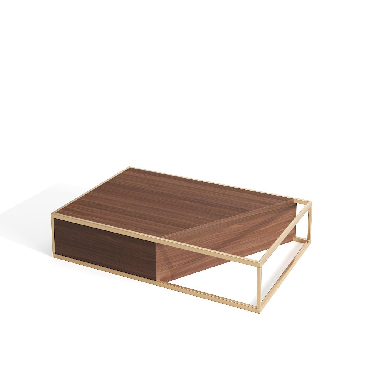 Oak Modern Minimalist Rectangular Center Coffee Table Walnut Wood and Brushed Brass For Sale