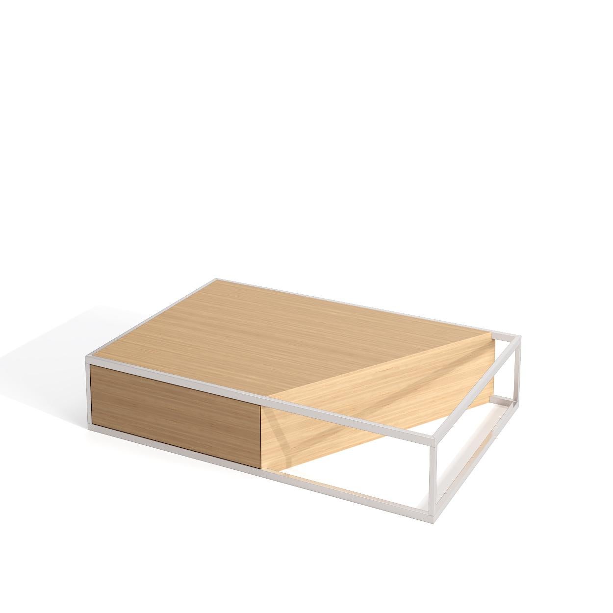 Moderne Table basse centrale rectangulaire moderne en bois de chêne et acier inoxydable brossé en vente