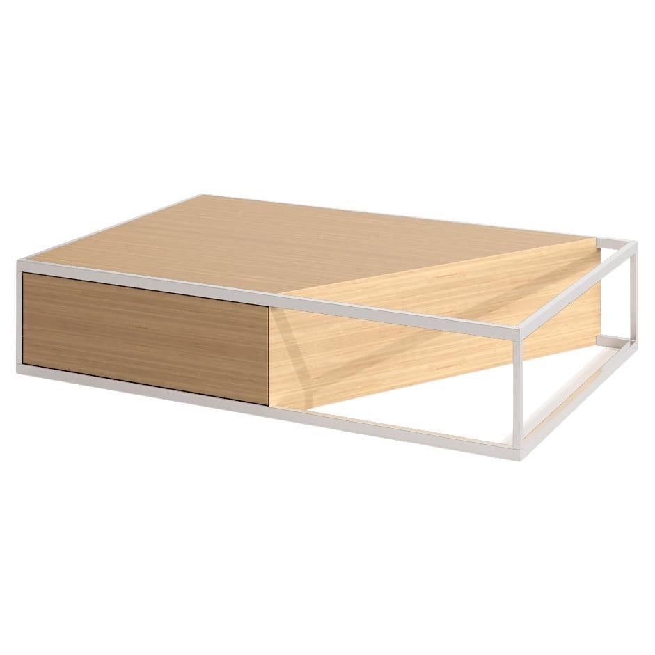 Modern Rectangular Center Coffee Table Oak Wood and Brushed Stainless Steel For Sale