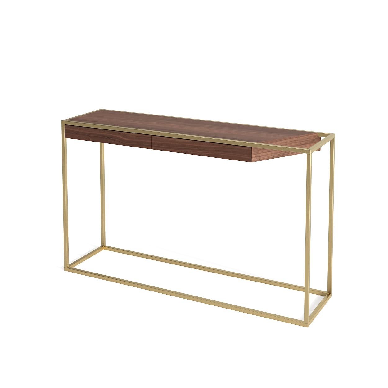 Modern Minimalist Rectangular Console Table Oak Wood and Brushed Stainless Steel For Sale 5