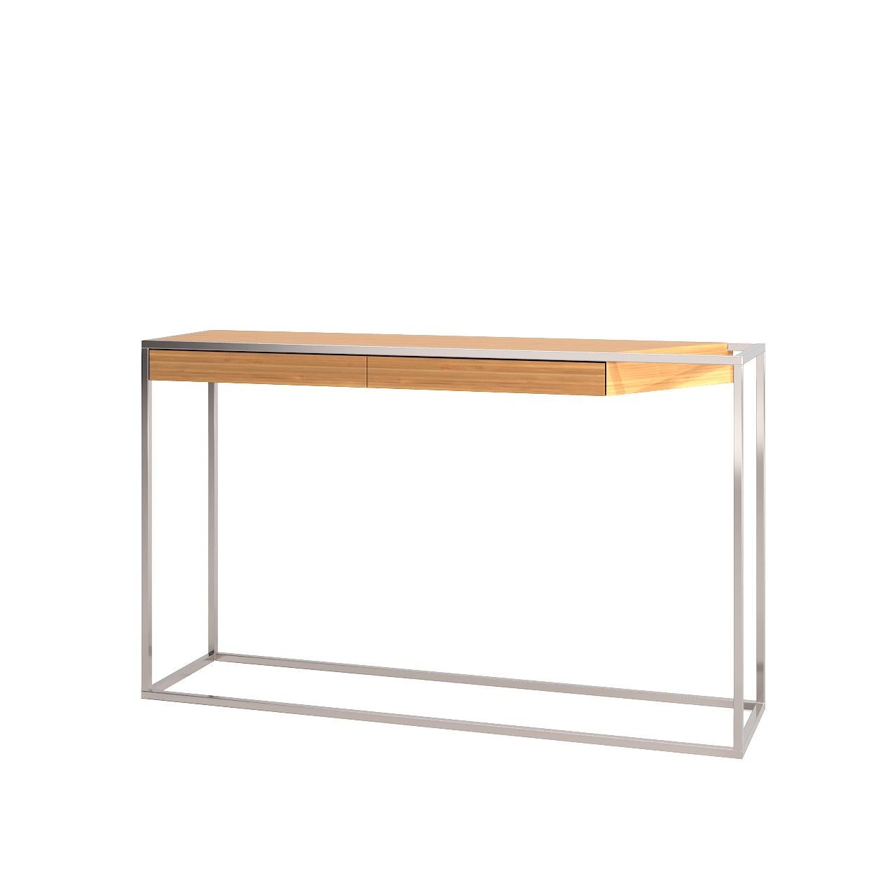 Portuguese Modern Minimalist Rectangular Console Table Oak Wood and Brushed Stainless Steel For Sale
