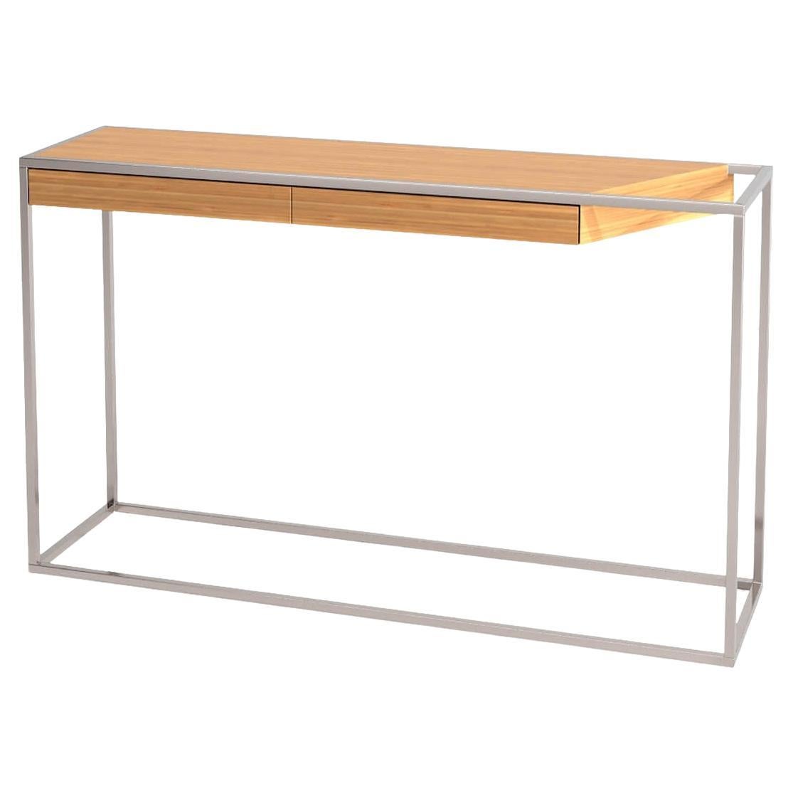 Modern Minimalist Rectangular Console Table Oak Wood and Brushed Stainless Steel For Sale