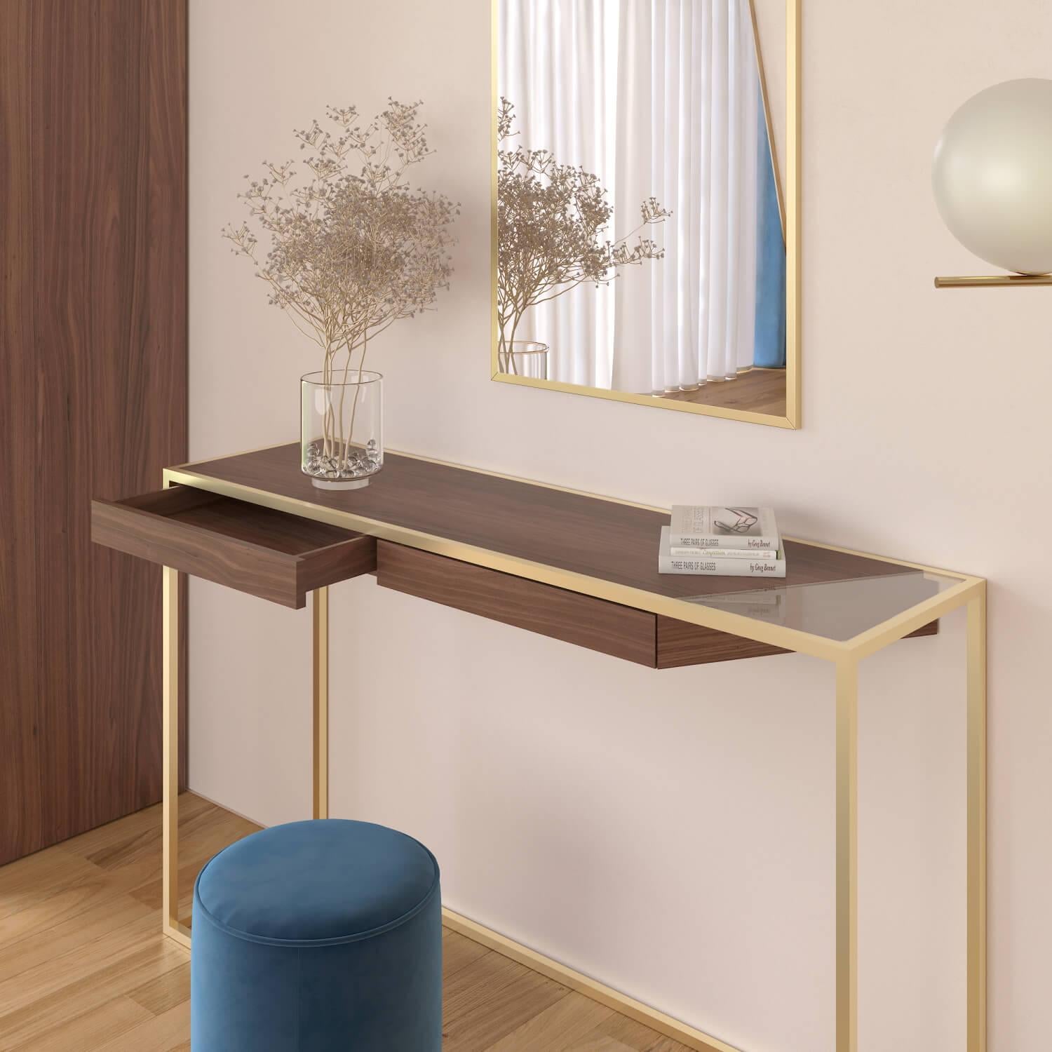 Modern Minimalist Rectangular Console Table Walnut Wood and Brushed Brass For Sale 5