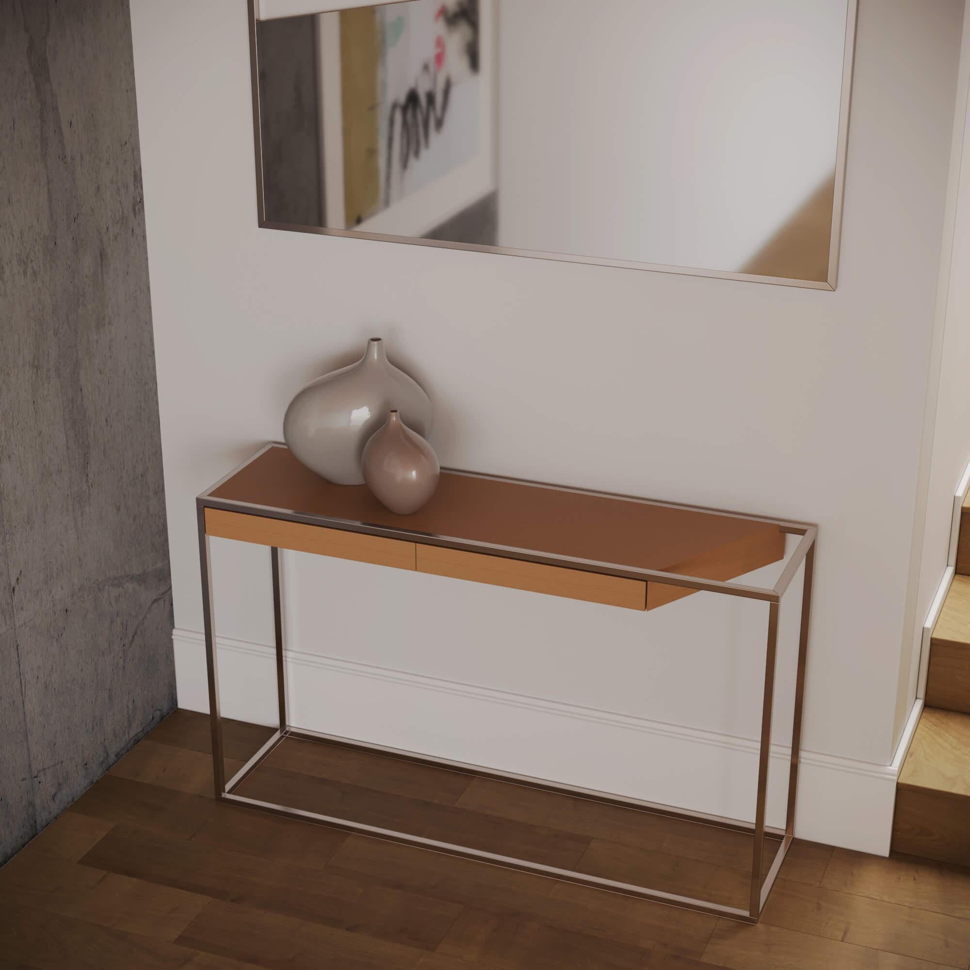 Table console rectangulaire moderne et minimaliste en bois de noyer et laiton brossé en vente 9