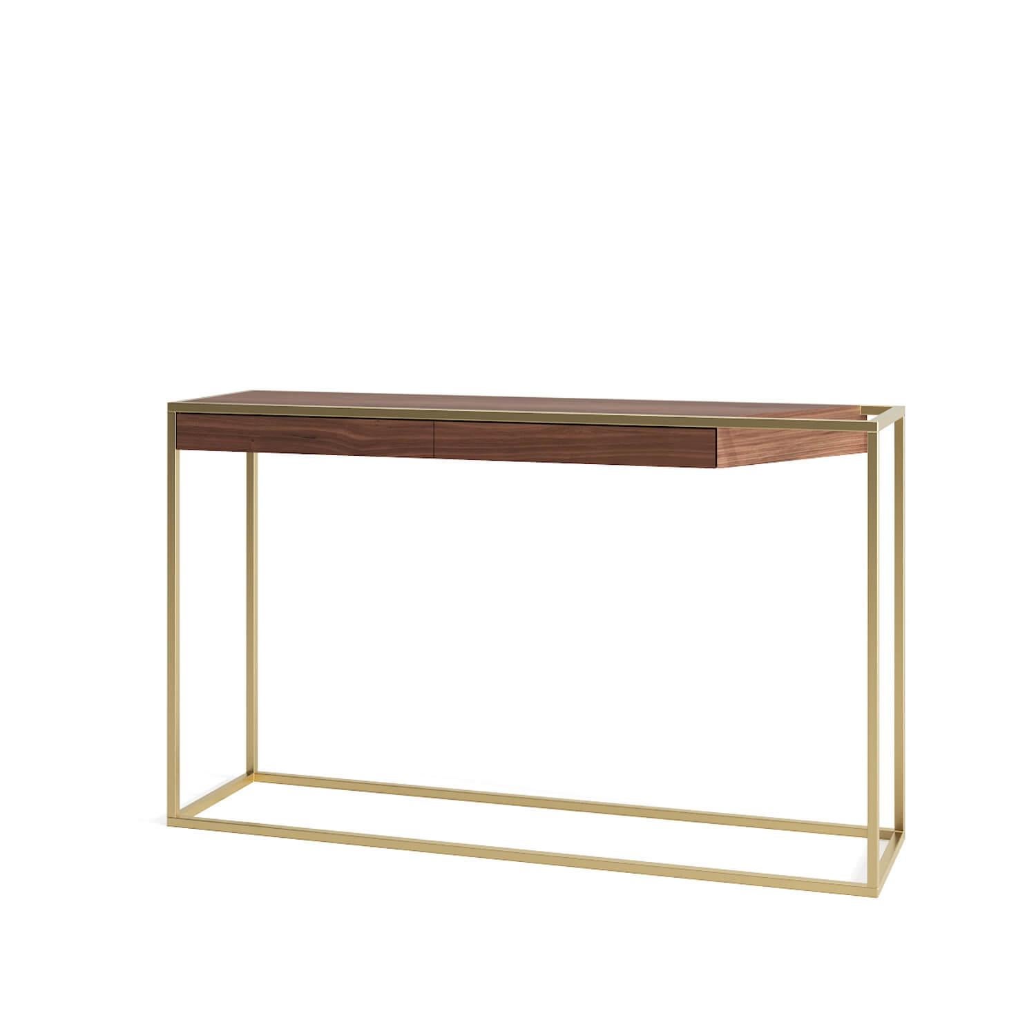 Portuguese Modern Minimalist Rectangular Console Table Walnut Wood and Brushed Brass For Sale
