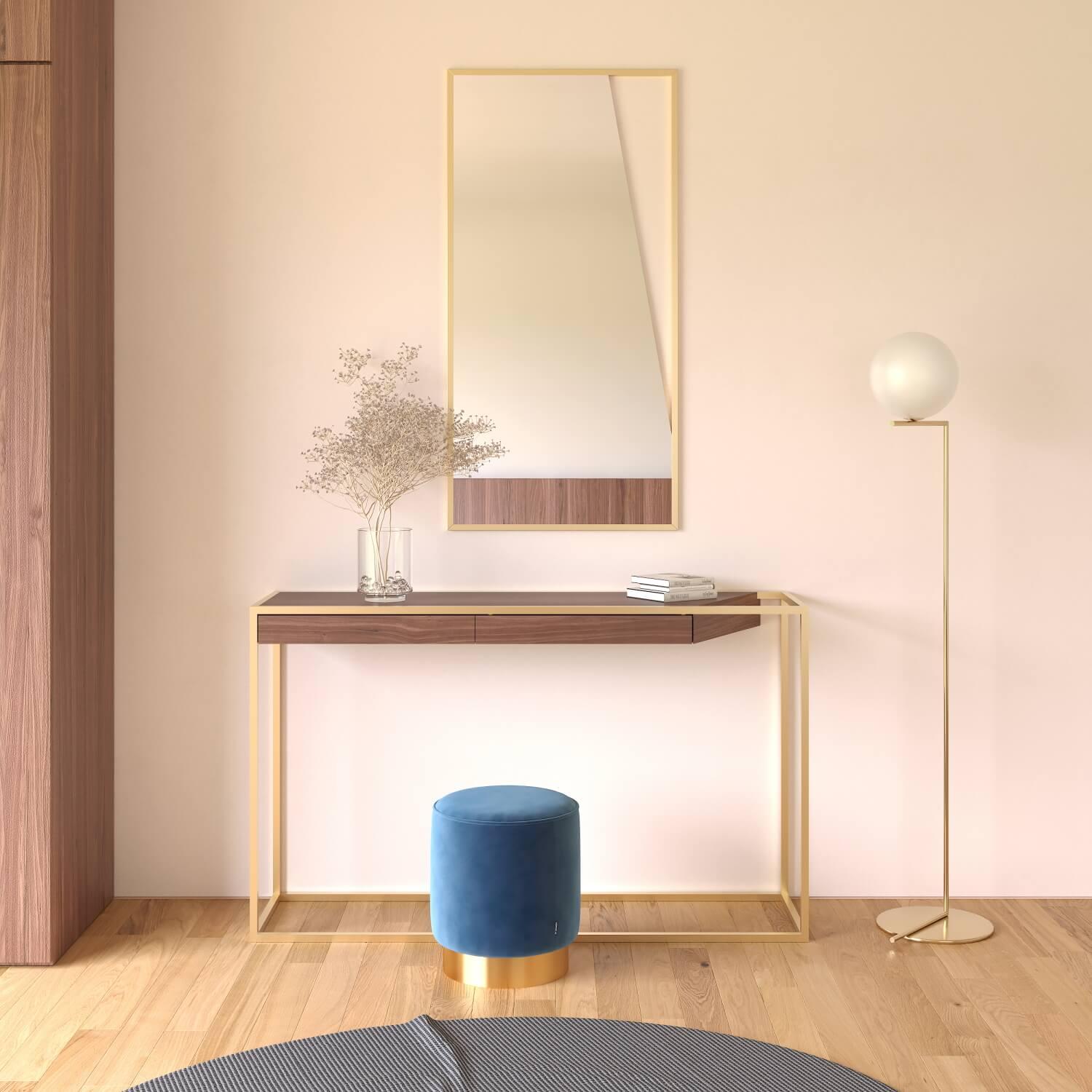 XXIe siècle et contemporain Table console rectangulaire moderne et minimaliste en bois de noyer et laiton brossé en vente