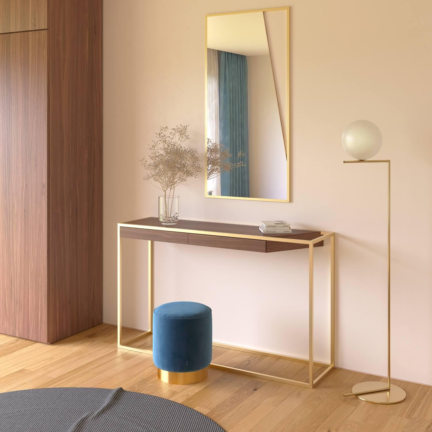 Noyer Table console rectangulaire moderne et minimaliste en bois de noyer et laiton brossé en vente
