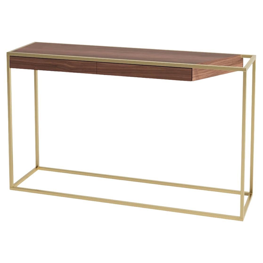 Modern Minimalist Rectangular Console Table Walnut Wood and Brushed Brass For Sale