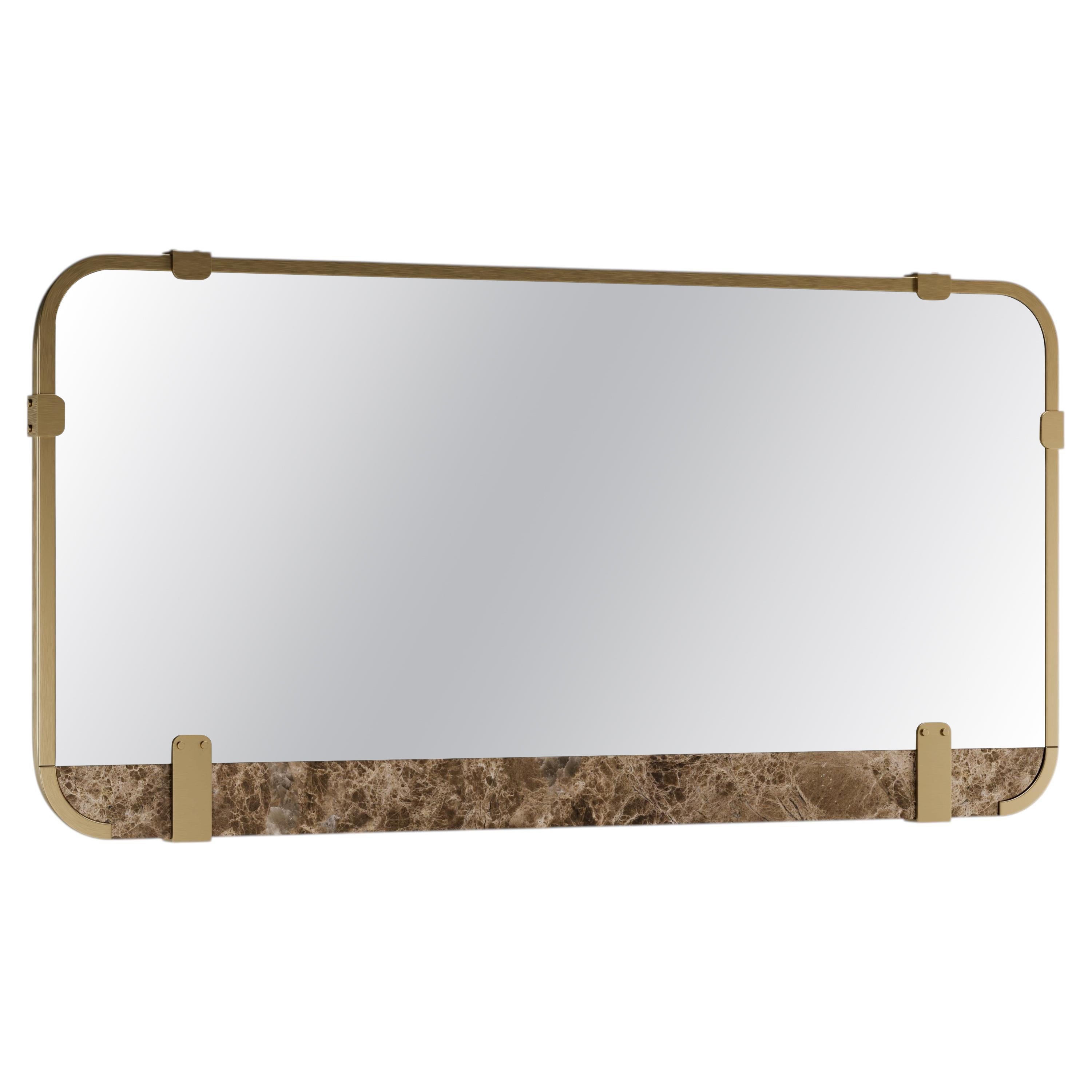 Minimalist Rectangular Lirak Mirror With Metallic Frame and Marble Detail For Sale