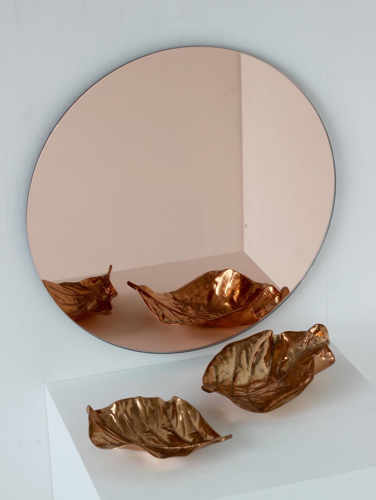 Organic Modern Orbis Rose Gold / Peach Tinted Round Contemporary Frameless Mirror - Medium For Sale