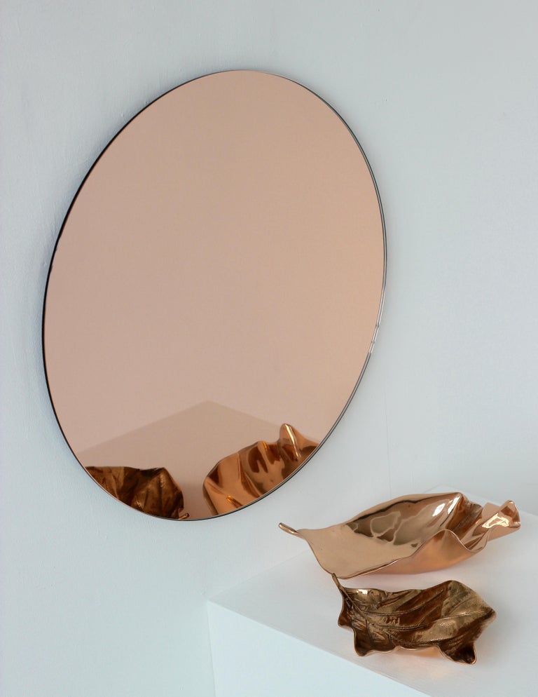 Orbis Rose Gold / Peach Tinted Round Contemporary Frameless Mirror - Medium In New Condition For Sale In London, GB