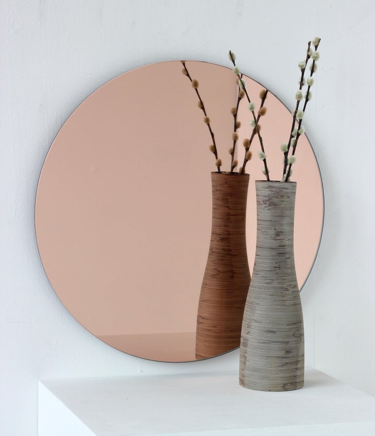 Orbis Rose Gold / Peach Tinted Round Contemporary Frameless Mirror - Medium For Sale 2