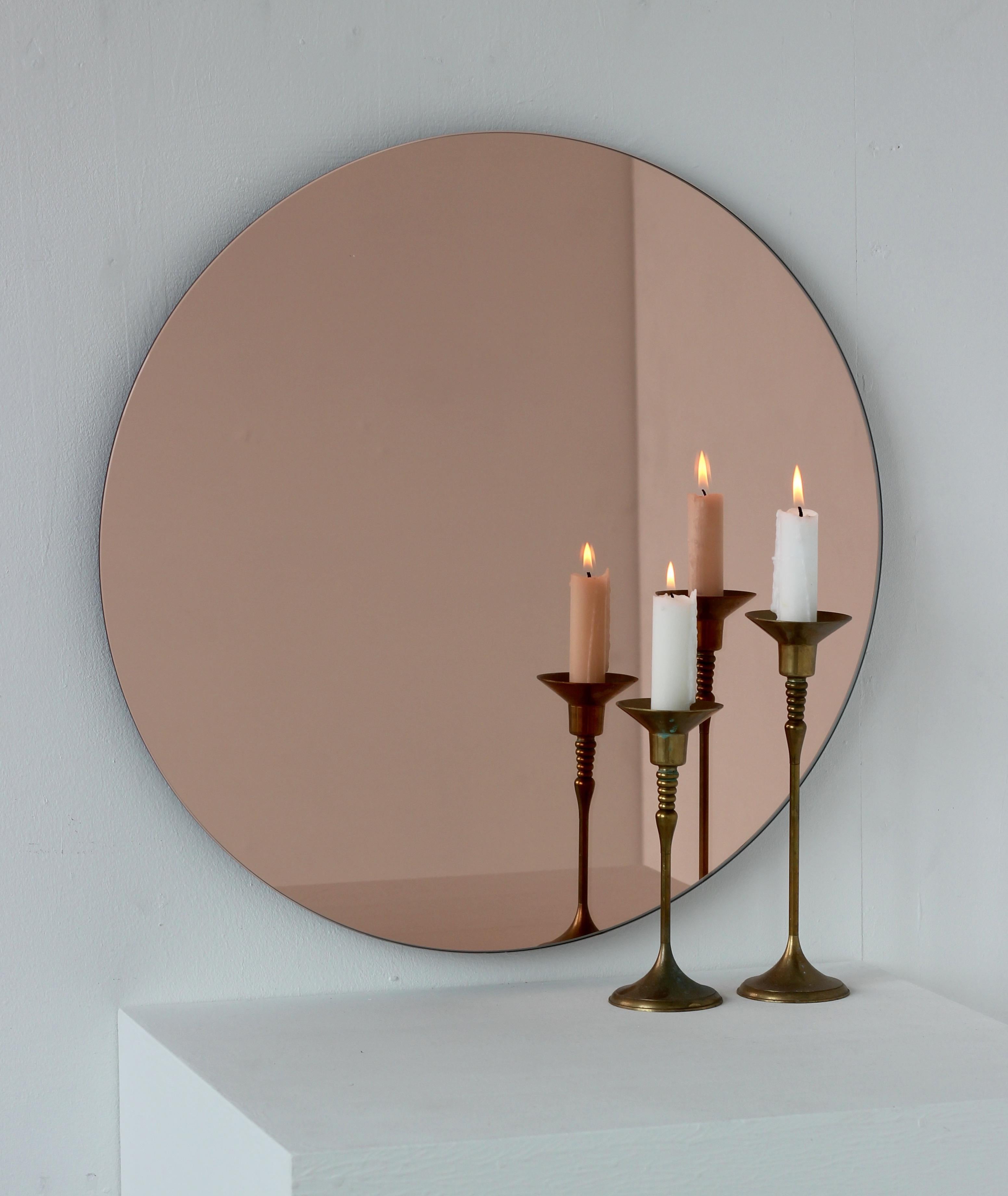 Orbis Rose Gold / Peach Tinted Round Contemporary Frameless Mirror, Medium In New Condition For Sale In London, GB