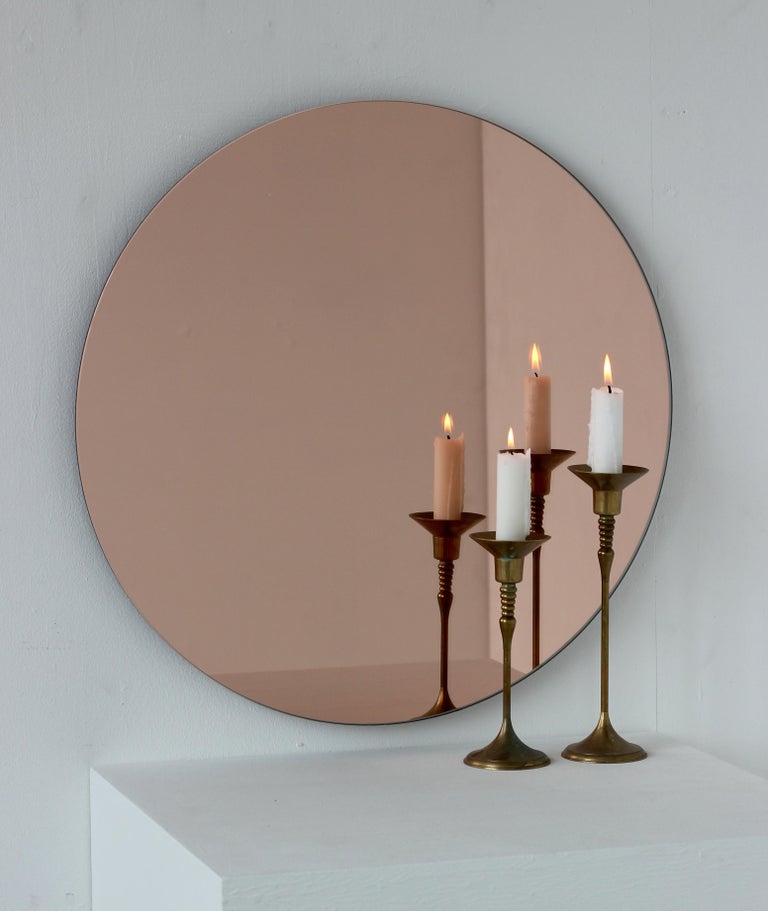 Orbis Rose Gold / Peach Tinted Round Contemporary Frameless Mirror - Medium For Sale 3