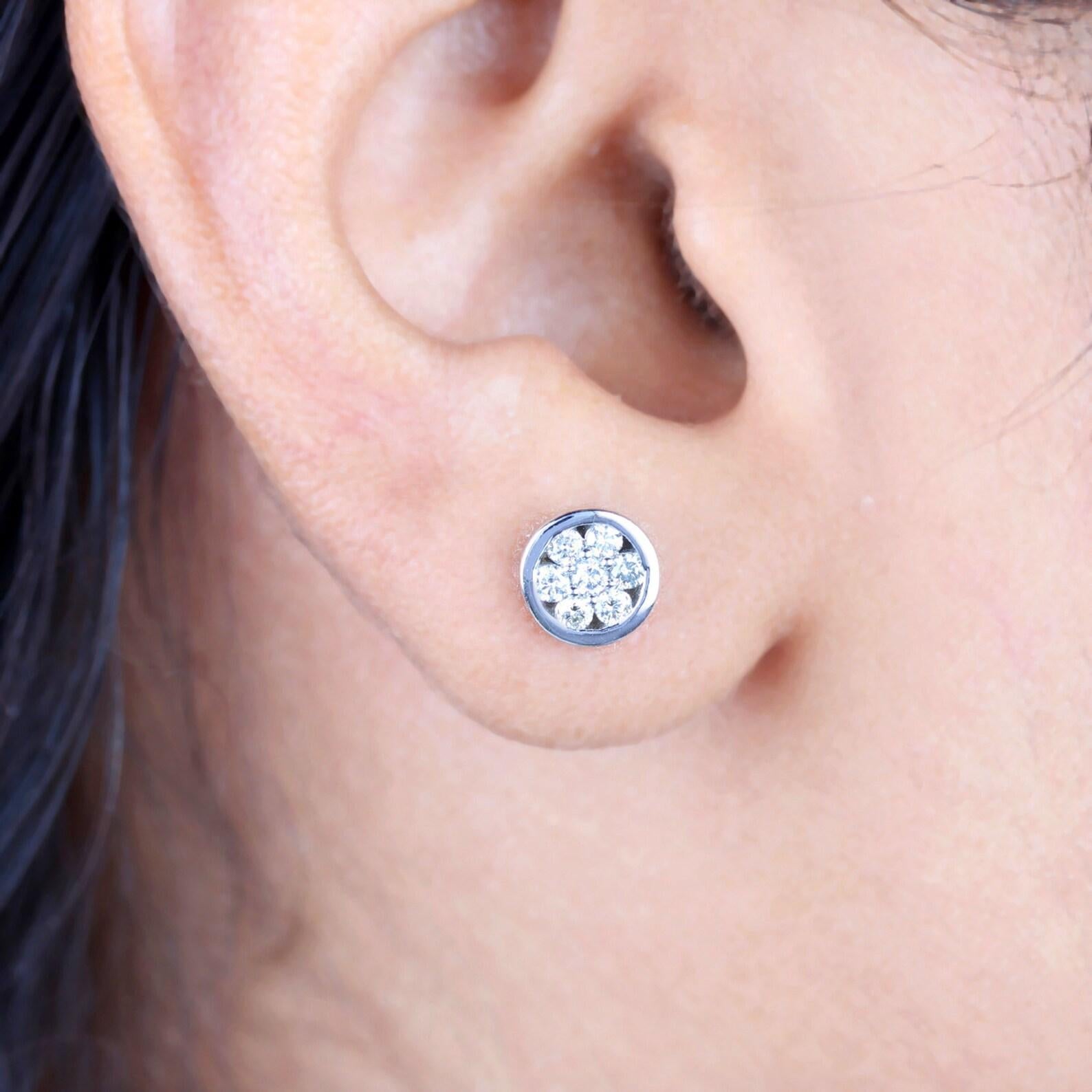 Art Deco Minimalist Round 14k Yellow Gold Studs Natural Diamond Earrings Unique Gift. For Sale