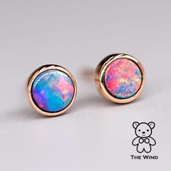 Minimalist Round Australian Doublet Opal Stud Earrings 14k Rose Gold