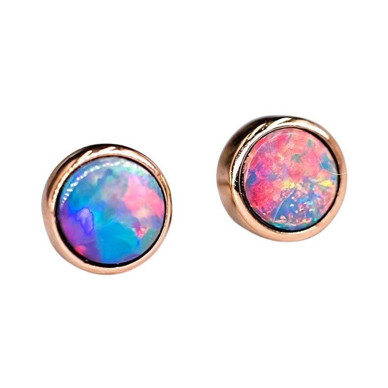 Minimalist Round Australian Doublet Opal Stud Earrings 14k Rose Gold