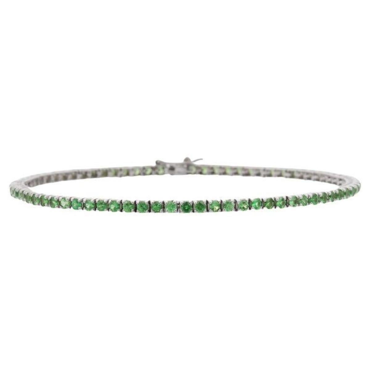 Art Deco Minimalist Round Cut Tsavorite Sleek Tennis Bracelet in 18k Solid White Gold For Sale