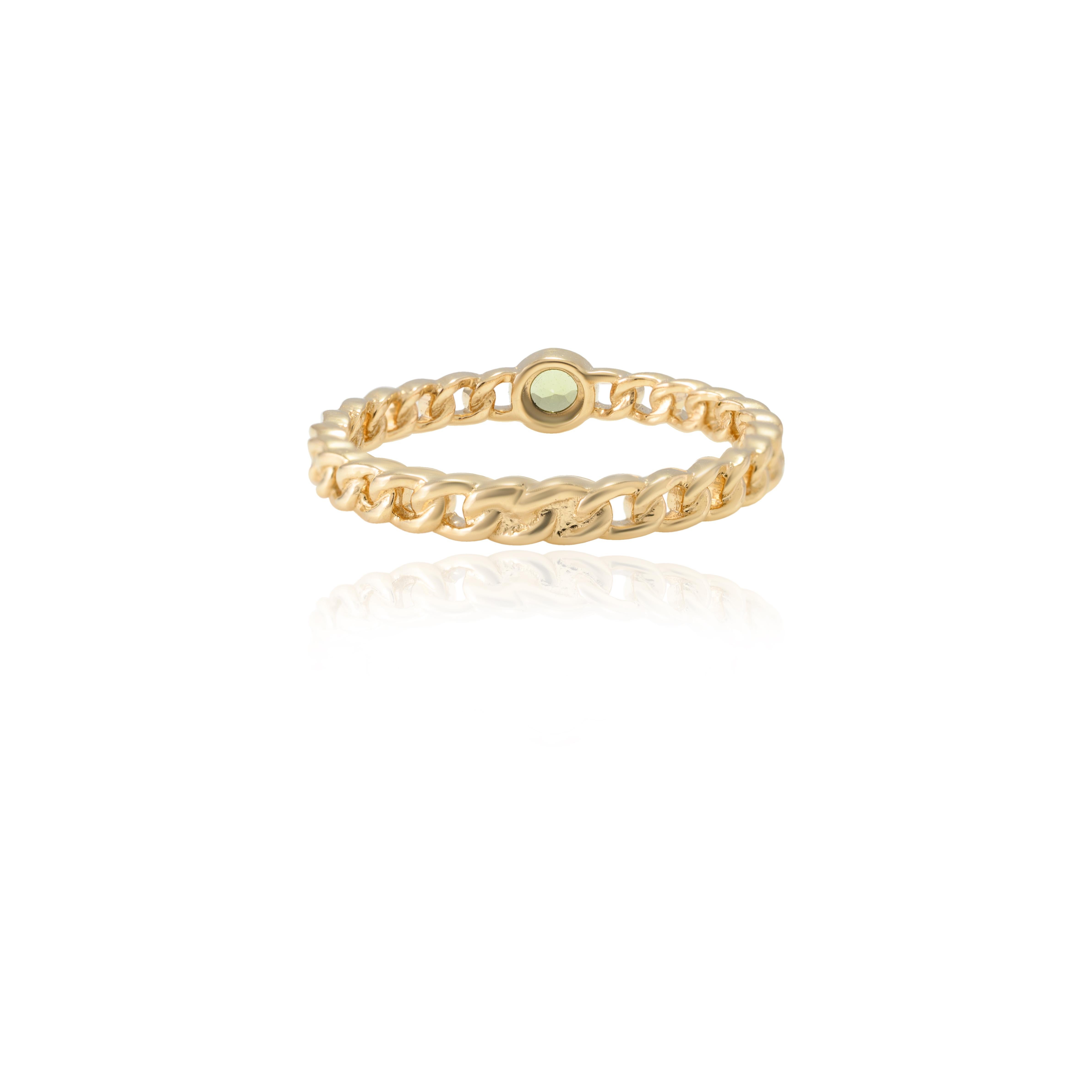 For Sale:  Minimalist Round Peridot Stackable Solid Curb Chain Ring in 14k Yellow Gold 6