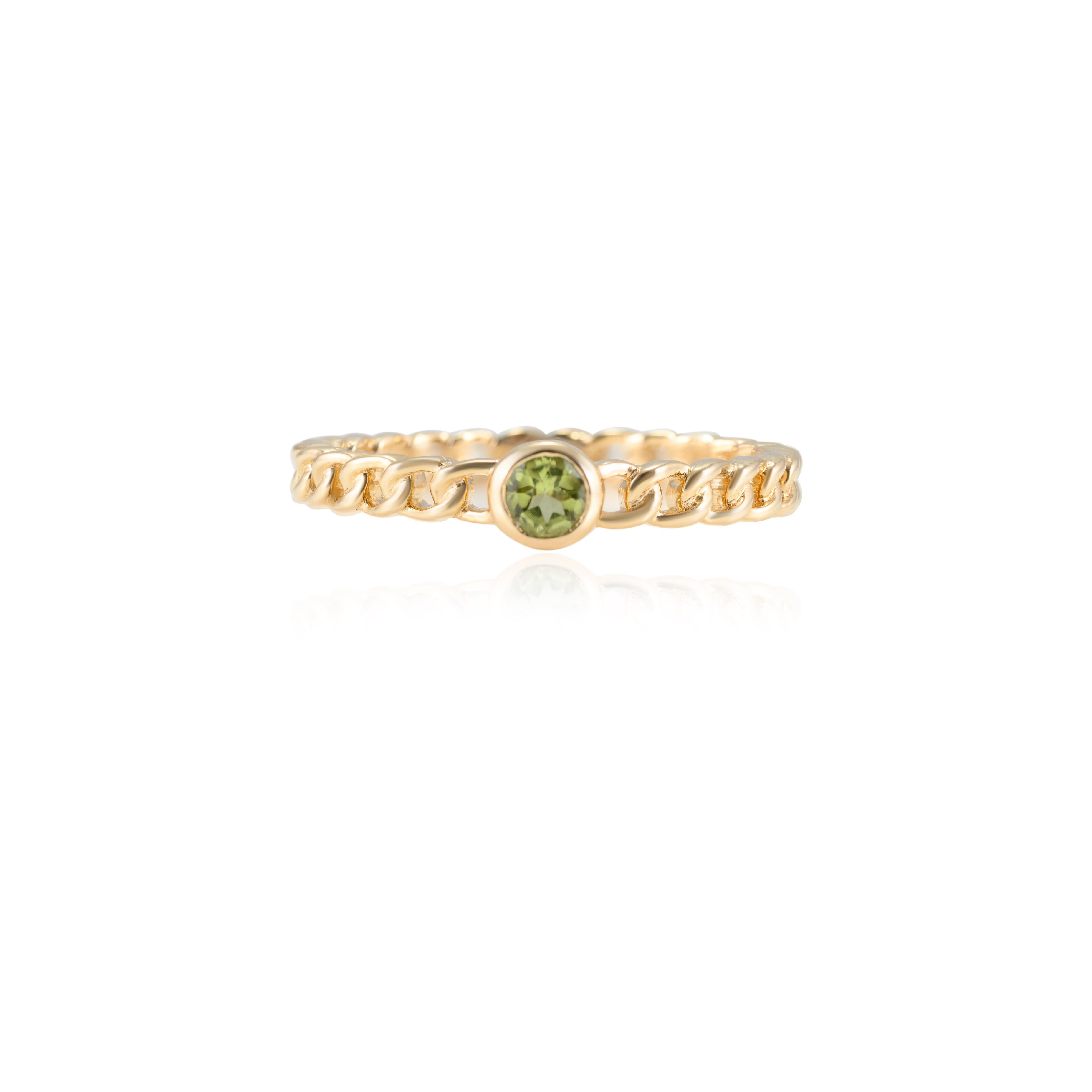 For Sale:  Minimalist Round Peridot Stackable Solid Curb Chain Ring in 14k Yellow Gold 8