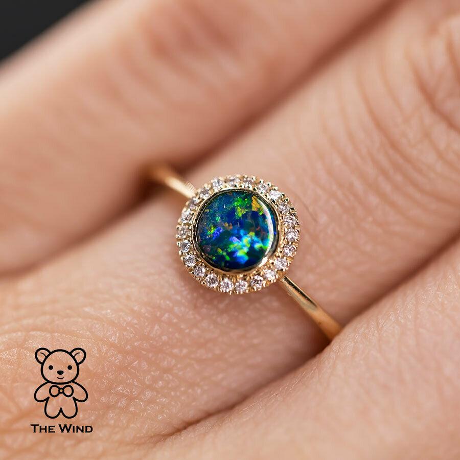 Artist Minimalist Round Shaped Australian Doublet Opal & Diamond Ring 14K Yellow Gold For Sale