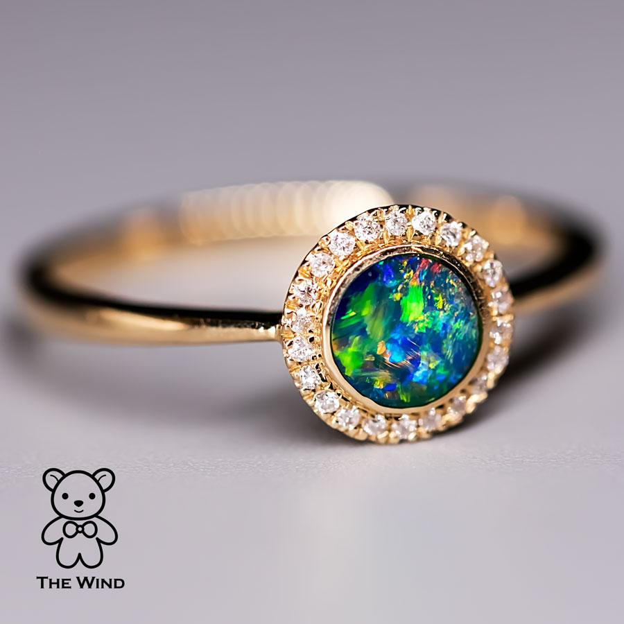 Round Cut Minimalist Round Shaped Australian Doublet Opal & Diamond Ring 14K Yellow Gold For Sale