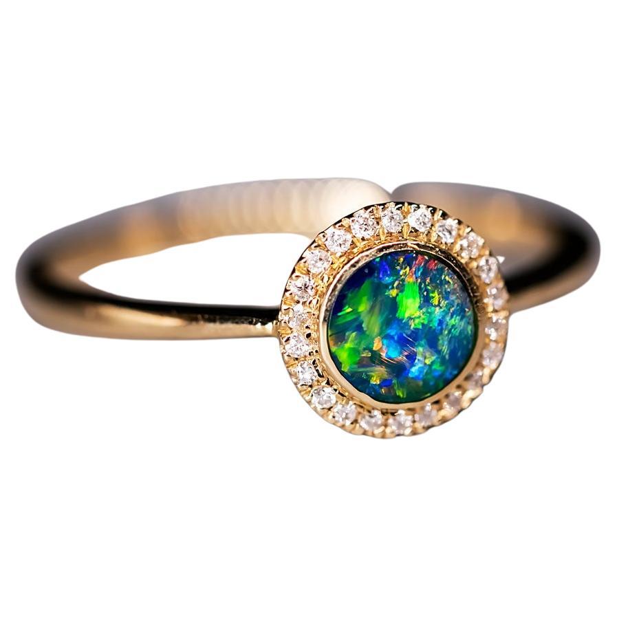Minimalist Round Shaped Australian Doublet Opal & Diamond Ring 14K Yellow Gold For Sale