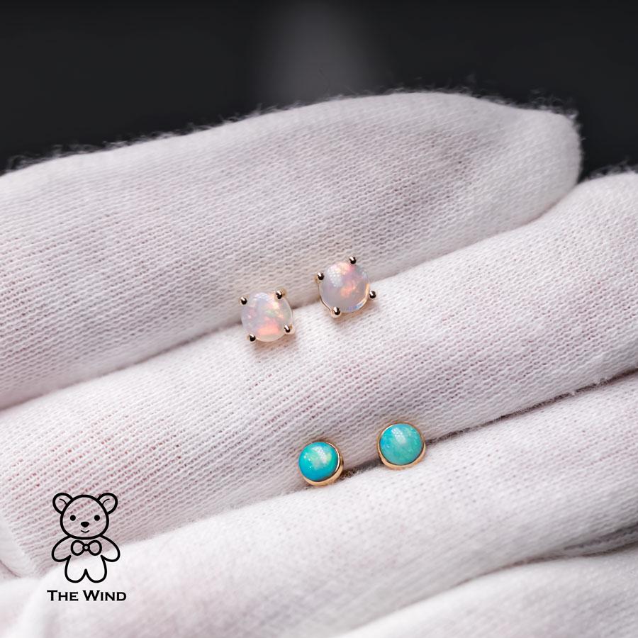 Round Cut Minimalist Round Shaped Australian Solid Opal Stud Earrings 14K Yellow Gold For Sale