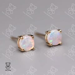 Minimalist Round Shaped Australian Solid Opal Stud Earrings 14K Yellow Gold