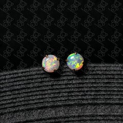 Minimalist Round Shaped Australian Solid Opal Stud Earrings 14K Yellow Gold