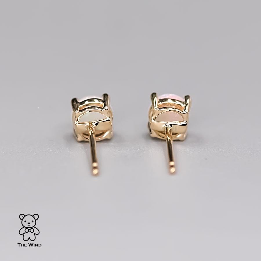 Women's or Men's Minimalist Round Shaped Australian Solid Opal Stud Earrings 14K Yellow Gold For Sale