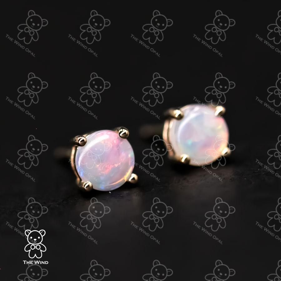 Arts and Crafts Minimalist Round Shaped Australian Solid Opal Stud Earrings 14K Yellow Gold For Sale