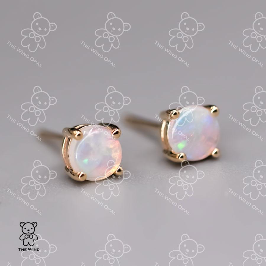 Women's or Men's Minimalist Round Shaped Australian Solid Opal Stud Earrings 14K Yellow Gold For Sale
