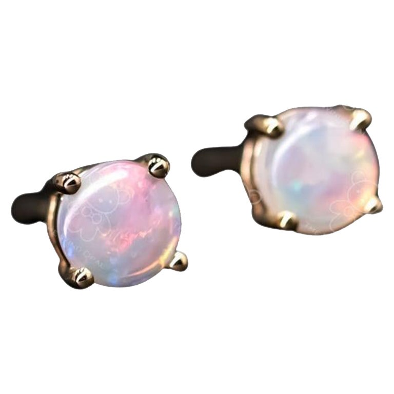 Minimalist Round Shaped Australian Solid Opal Stud Earrings 14K Yellow Gold