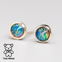 Minimalist Round Shaped Australian Triplet Opal Stud Earrings 14K Yellow Gold