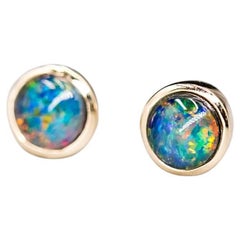 Minimalist Round Shaped Australian Triplet Opal Stud Earrings 14K Yellow Gold