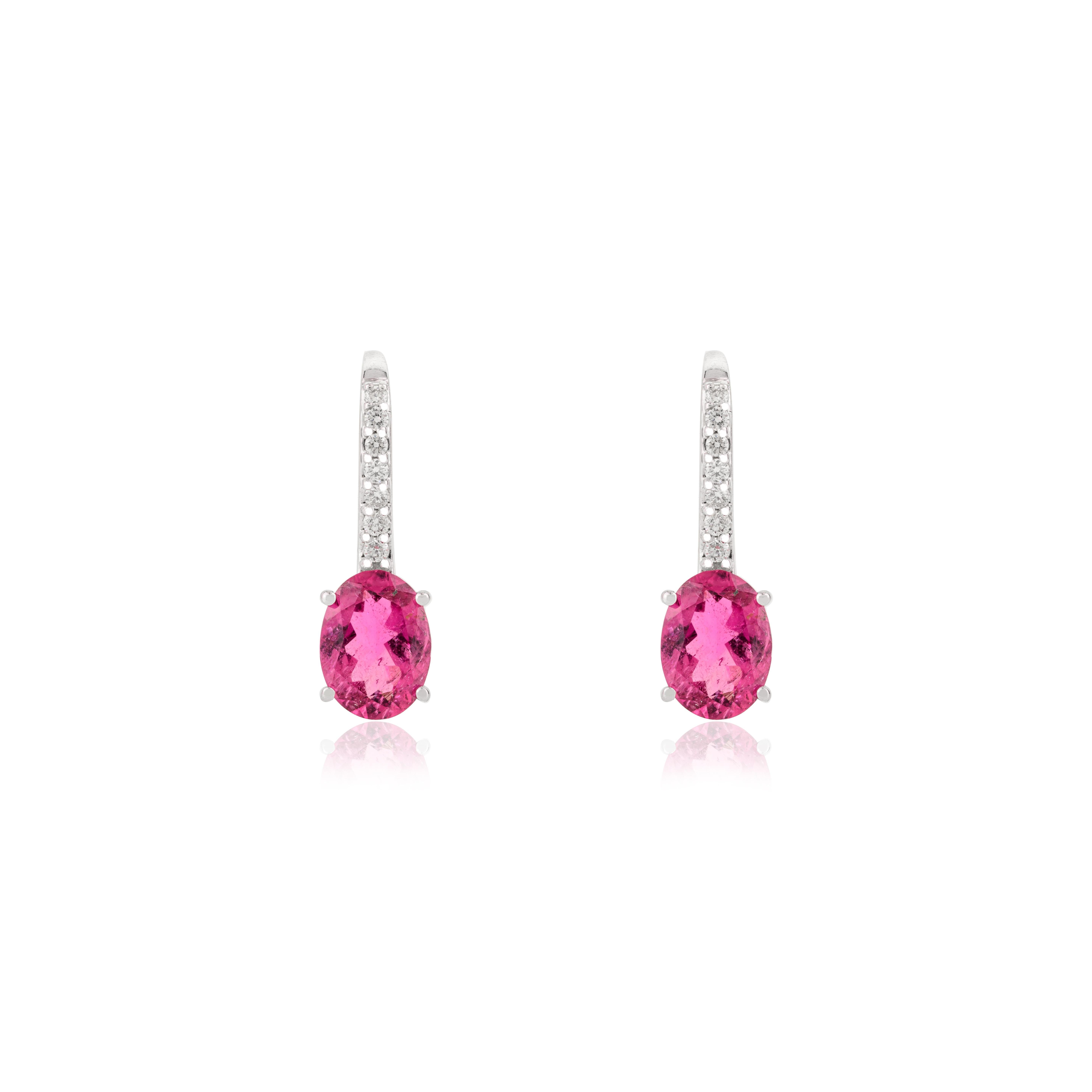 Art Nouveau Minimalist Rubelite Gemstone Drop Earrings for Women in 14k Solid White Gold For Sale