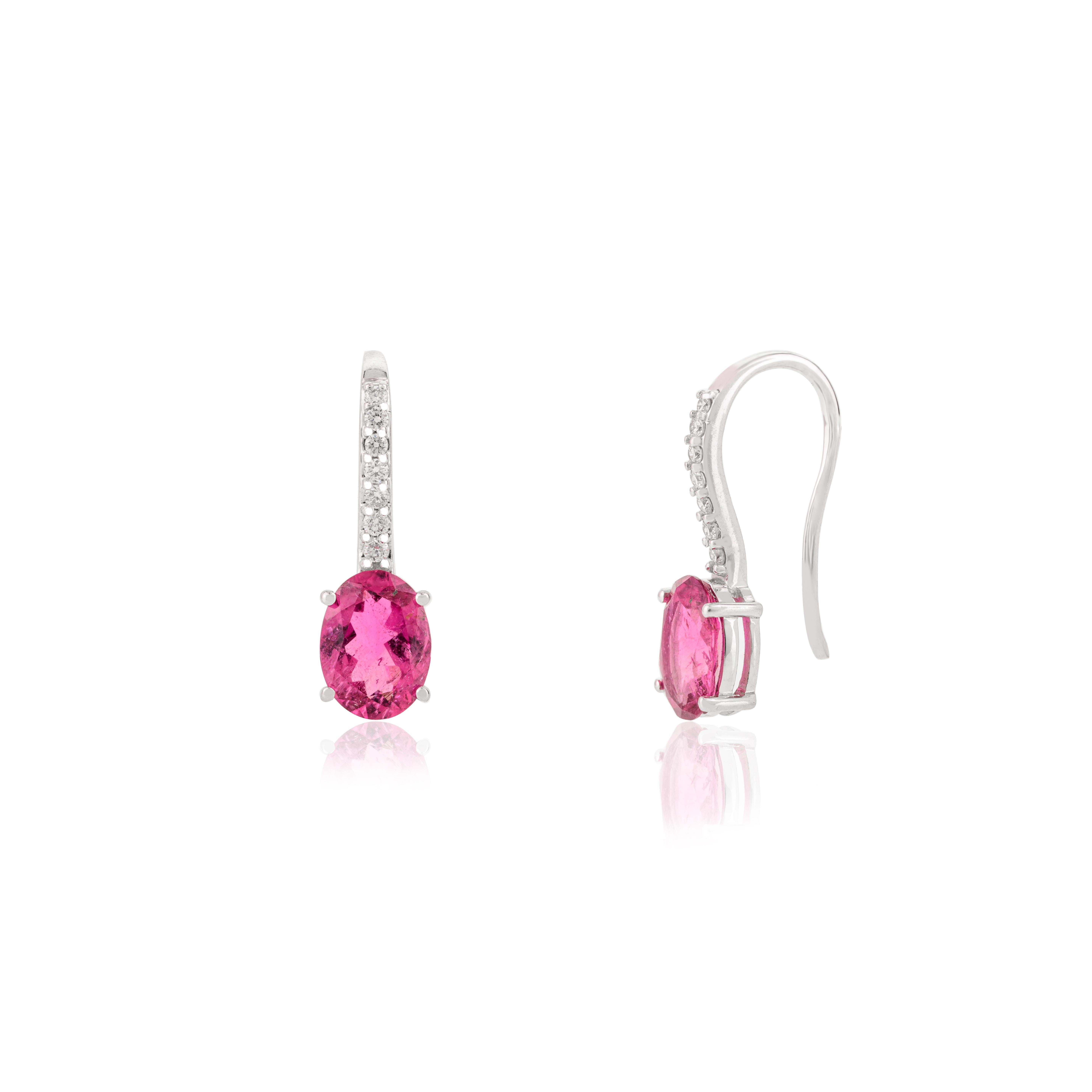 Minimalist Rubelite Gemstone Drop Earrings for Women in 14k Solid White Gold In New Condition For Sale In New York, NY