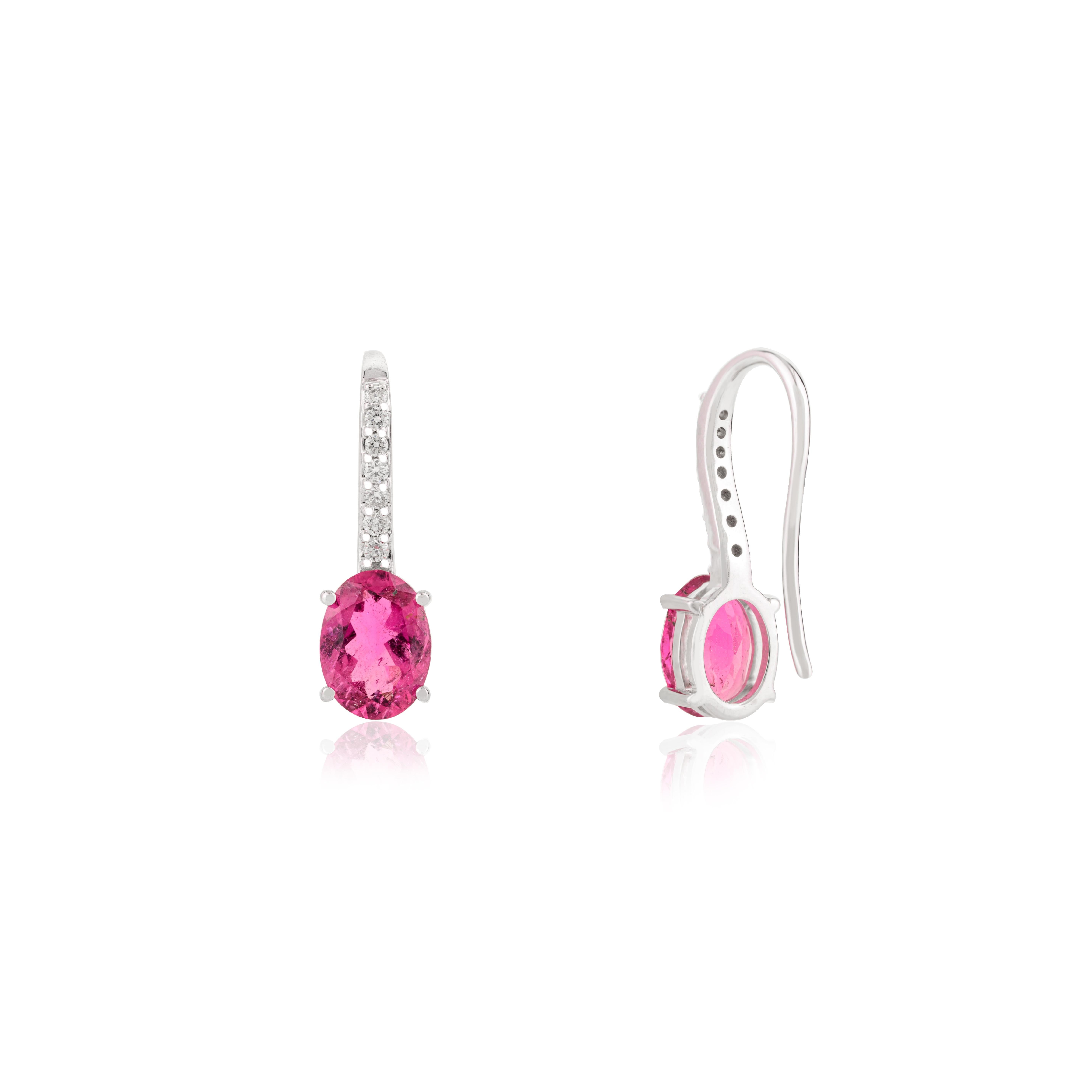 Women's Minimalist Rubelite Gemstone Drop Earrings for Women in 14k Solid White Gold For Sale
