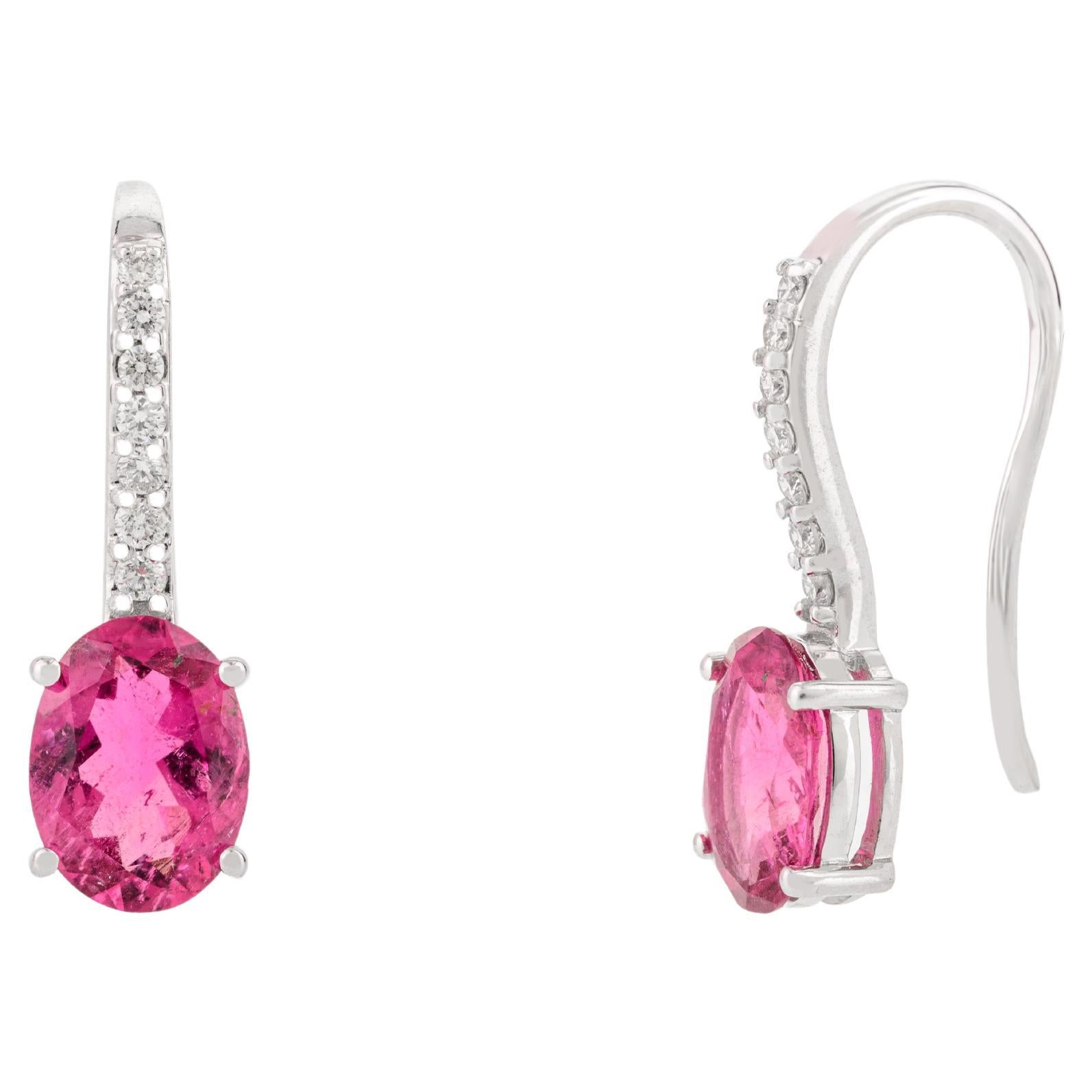 Minimalist Rubelite Gemstone Drop Earrings for Women in 14k Solid White Gold For Sale