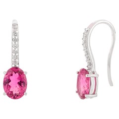Boucles d'oreilles minimaliste en or blanc 14k pour femmes avec pierres en rubelite