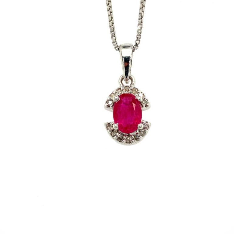 Art Nouveau Minimalist Ruby and Diamond Semi Halo Pendant Necklace in Sterling Silver For Sale