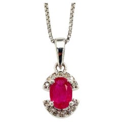 Minimalist Ruby and Diamond Semi Halo Pendant Necklace in Sterling Silver
