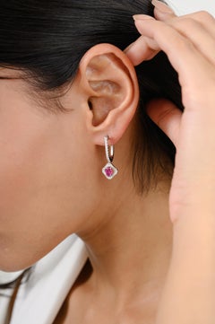 Minimalist Ruby Diamond Dangle Drop Earrings in 18k Solid White Gold