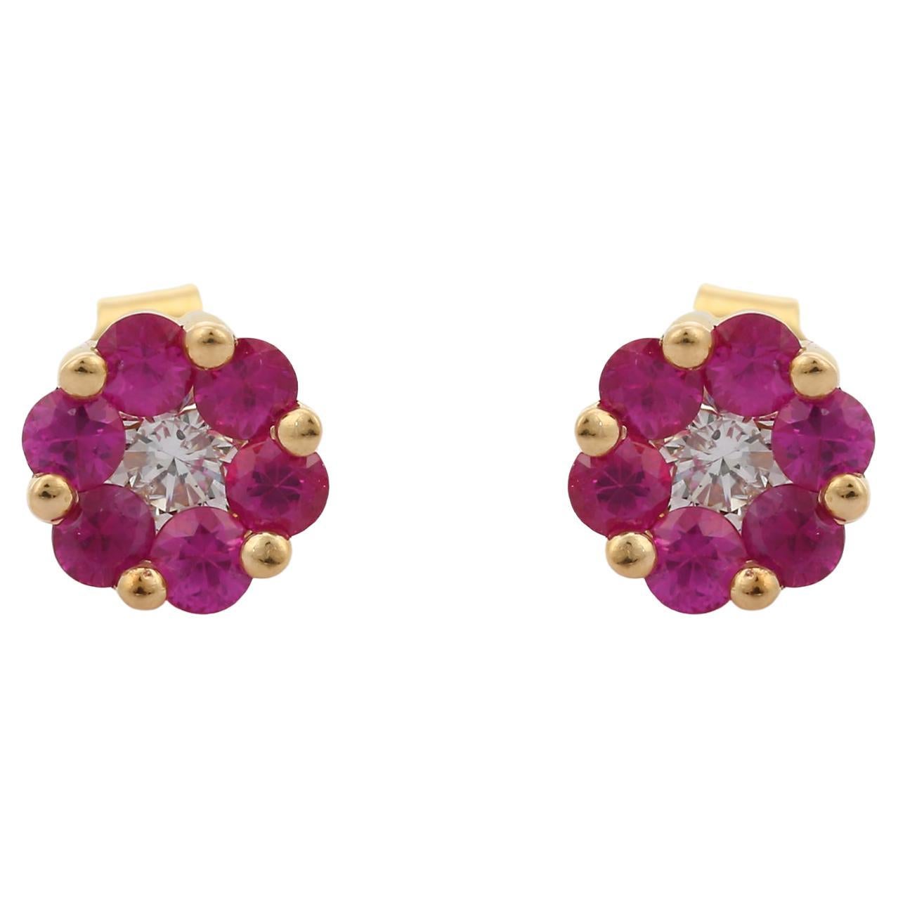 Minimalist Ruby Diamond Flower Stud Earrings Set in 18K Yellow Gold Settings 
