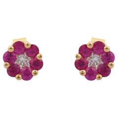 Minimalist Ruby Diamond Flower Stud Earrings Set in 18K Yellow Gold Settings 