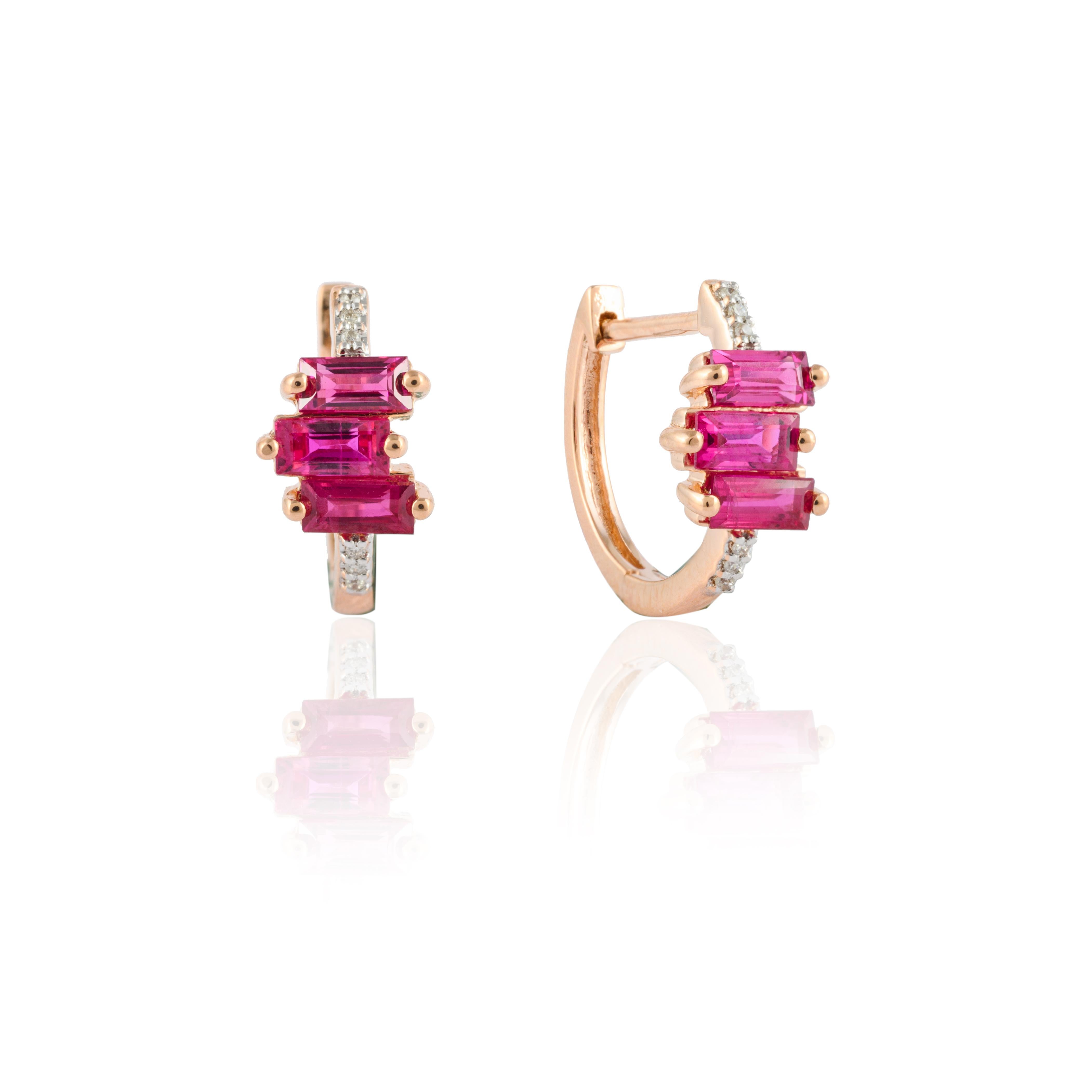 Baguette Cut Minimalist Ruby Diamond Huggie Earrings in 18k Solid Rose Gold Gift For Her For Sale