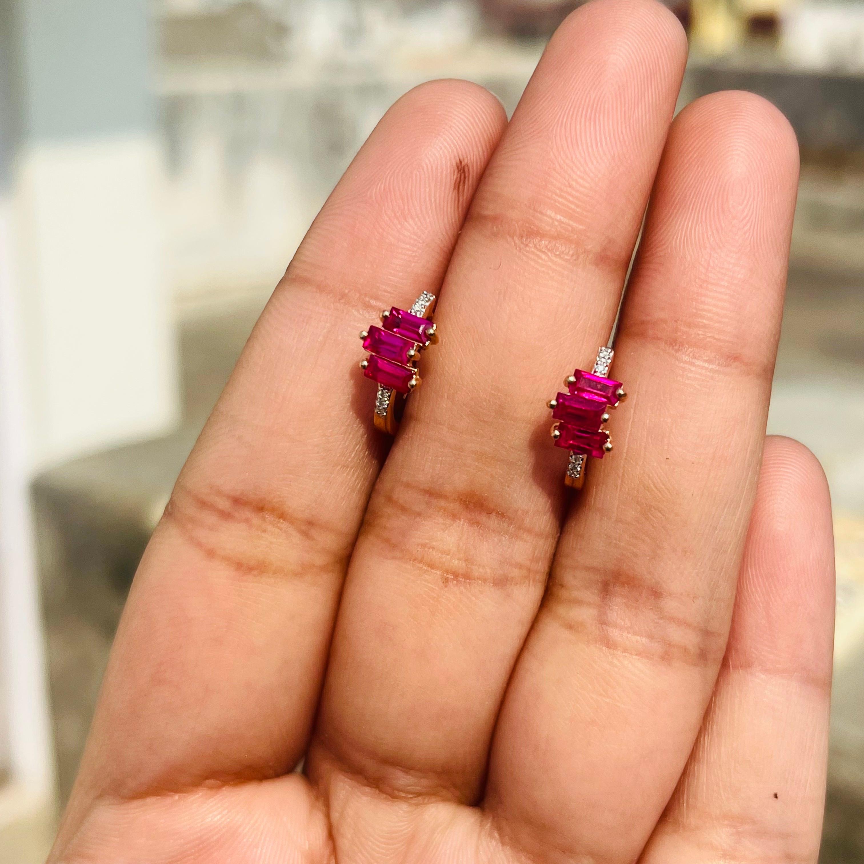 Modern Minimalist Ruby Diamond Huggie Earrings in 18k Solid Rose Gold Gift For Her For Sale