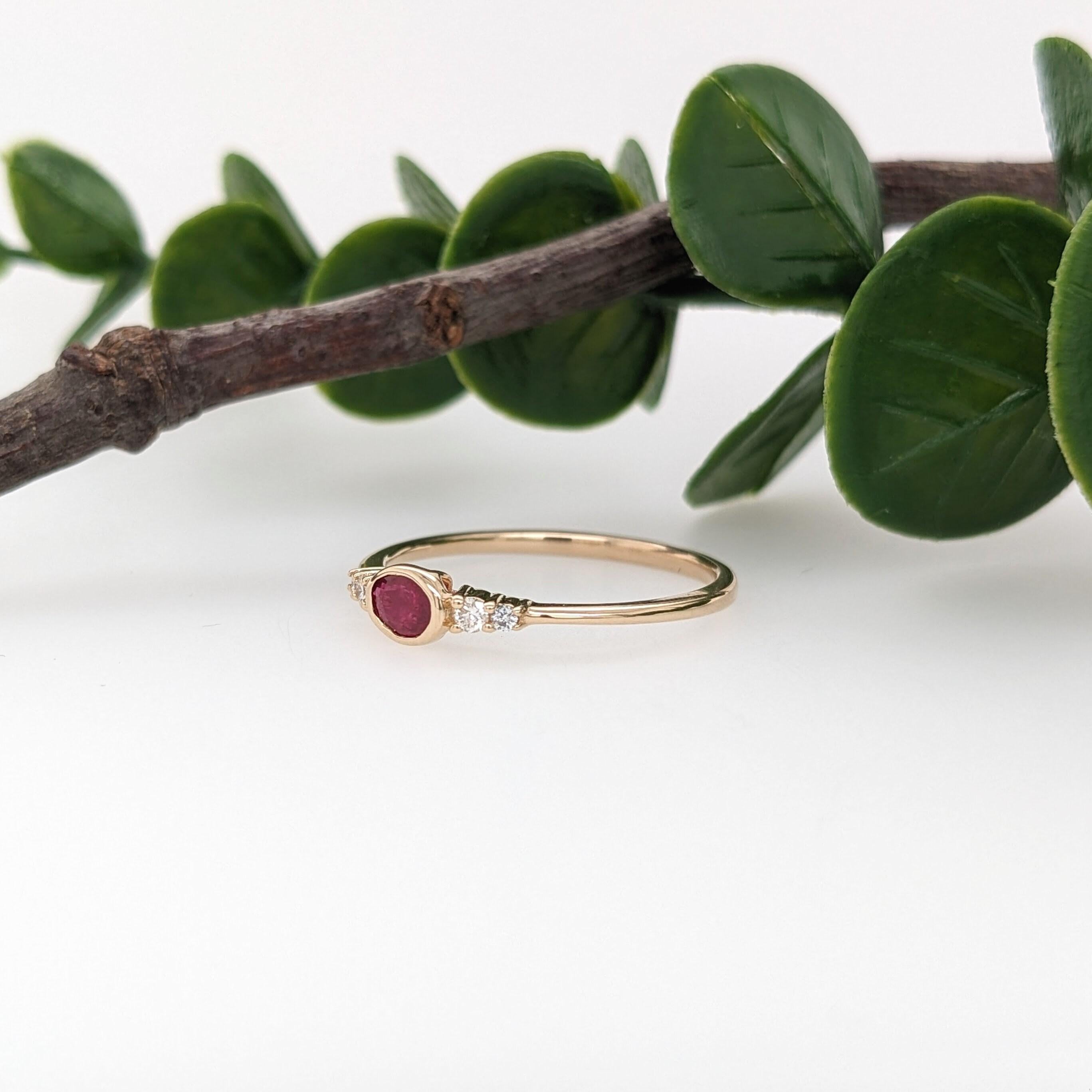 Modern Minimalist Ruby Ring w Earth Mined Diamonds in Solid 14K Gold Oval 4.5x3.5mm For Sale